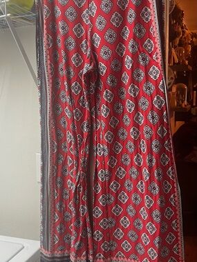 Cato Orange Coral Stretchy  Wide Leg Pants with Black & White Medallion Print